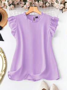 SHEIN LUNE 大码女式纯色荷叶边圆领盖袖休闲衬衫 - 淡紫色 - 查看 1