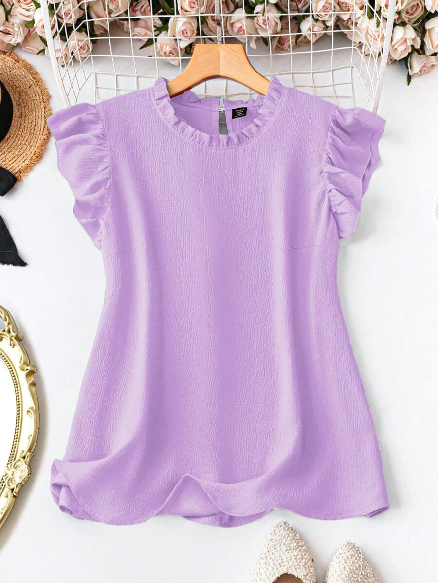 SHEIN LUNE 大码女式纯色荷叶边圆领盖袖休闲衬衫 - 淡紫色 - 查看 1