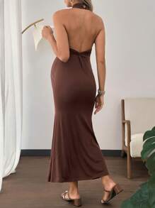 SHEIN Pregnant Women Solid Color Fish Tail Hem Fitted Elegant Halter Neck Dress Maternity Dress