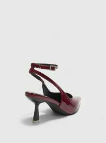 CUCCOO BIZCHIC Women's Fashion Patent Leather Pointed Toe Mule Shoes With Rhinestone Buckle Strap And Slim Mid Heel, Wine Red Color, Suitable For Commuting, Dating, Party, Wedding And Other Occasions - Burgundy - View 8