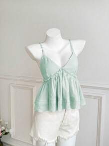 Elamini Women Solid Color Ruffle Hem Camisole Tank Top - Mint Green - View 3