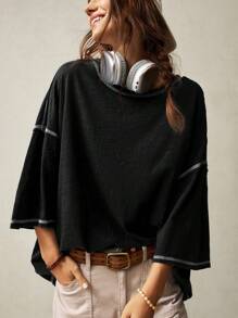 Bohemela Camiseta Solta Lavada de Manga 3/4 com Gola Redonda e Cor Sólida de Malha - Preto - Visão 3