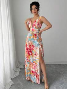 Elenzga Vestido sexy con abertura lateral fruncido, cuello en pico y sin mangas con estampado floral ditsy para festival y vacaciones para mujer