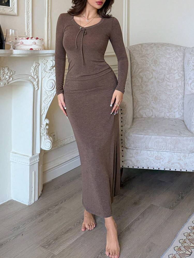 Spring Tight-Fitting Knitted V-Neck Tie-Front Bow Decor Top & Mid-Length A-Line Skirt Women Loungewear Set Pajama