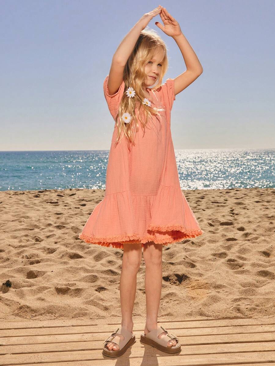 SHEIN Young Girls V-Neck Tassel Pleated Puff Sleeve Loose Blouse, Casual Style Mori Girl Dress - Coral Pink - View 1