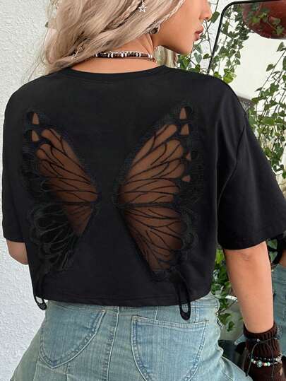 Fairycore Maglietta da donna oversize in stile hippie, con inserti in rete a motivo farfalla, scollo a goccia, per l'estate