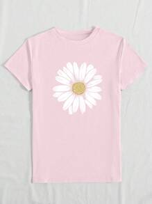 INAWLY 花卉印花短袖休闲 T 恤，女式圆领套头衫花卉图案上衣图形 T 恤女式上衣 - 淺粉色 - 查看 3