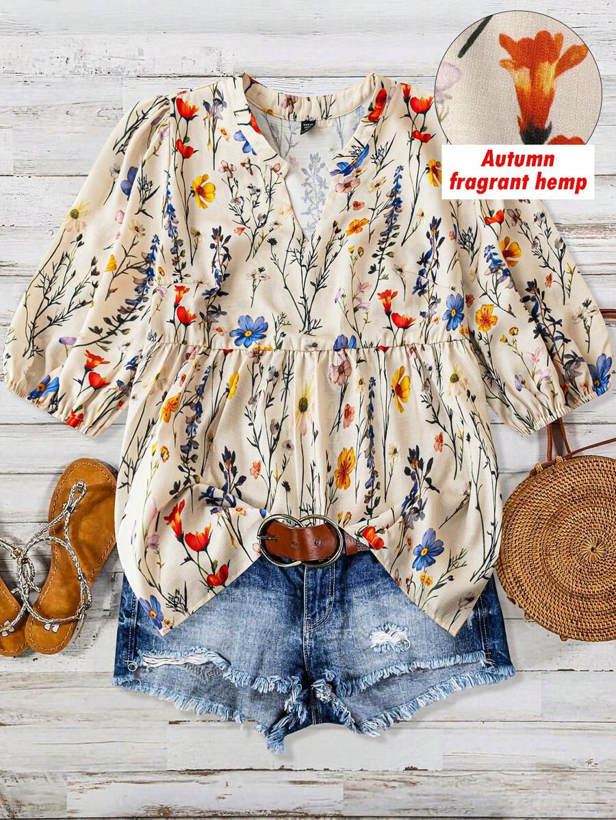 SHEIN PETITE CURVE Plus Size Women Western Floral Print V-Neck Ruffle Sleeve Casual Shirt, Mother's Day Gift For Mom - Multicolor - View 1