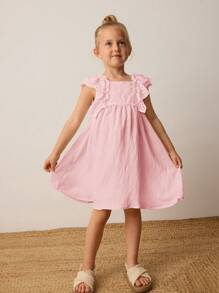 Maija Kids Maija Kids Vestito da ragazza giovane stile primavera/estate con maniche a palloncino arricciato e ricamato, decorato con ricami 3D, vestito casual a-line morbido e tinta unita color albicocca, adatto per uso quotidiano, uscite, vacanze, campagna