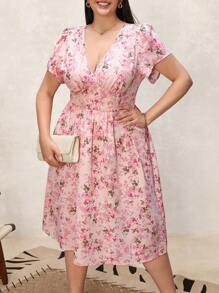 SHEIN Clasi Plus Size Pink Floral Boho Dress: Knee-Length, V-Neck, Half Sleeve Wrap Dress In Woven Fabric
