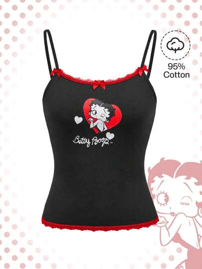 Betty Boop | ROMWE Schmale Camisole Top, Cartoonfigur- und Buchstaben-Muster, mit Spitze und Schleife dekoriert, für den Sommer