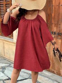 SHEIN Holidaya Plus Size Casual Round Neck Ruched Slit Flare Sleeve A-Line Dress - Red - View 3