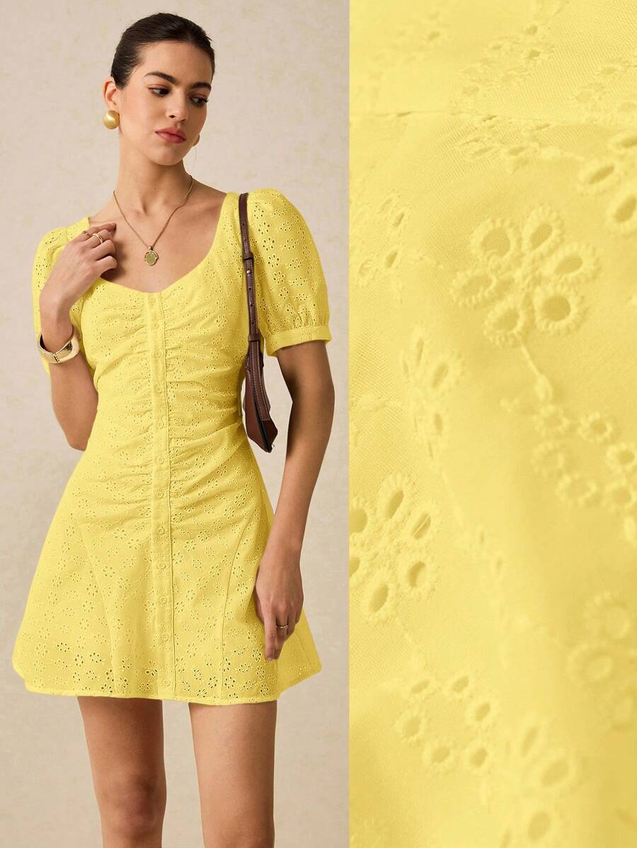 Poéselle Women's Vacation Embroidered Ruffle Short Sleeve Casual Mini Dress - Yellow - View 1