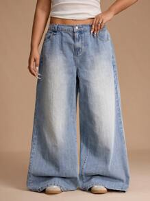 SHEIN Unity Plus Size Casual Washed Low Waist Wide Leg Jeans - Light Wash - View 3