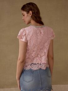 MOTF PREMIUM Blusa con Aplique de Encaje y Perlas Falsas - Rosa - Ver 7