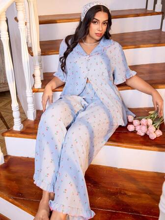 CottageSlumber Plus Size Collared Open Front Ruffled Ditsy Ditsy Floral Pajama Set, Cozy And Elegant Details