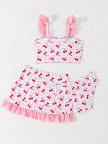 Young Girl Cherry Print Ruffled Swimsuit Set With Cover-Up And Mini Skirt - Pink - View 2