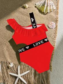 SHEIN Girls' Cute Bright One-Piece Swimsuit With Oblique Ruffle Straps, Letter Belt, Green - Red - View 1