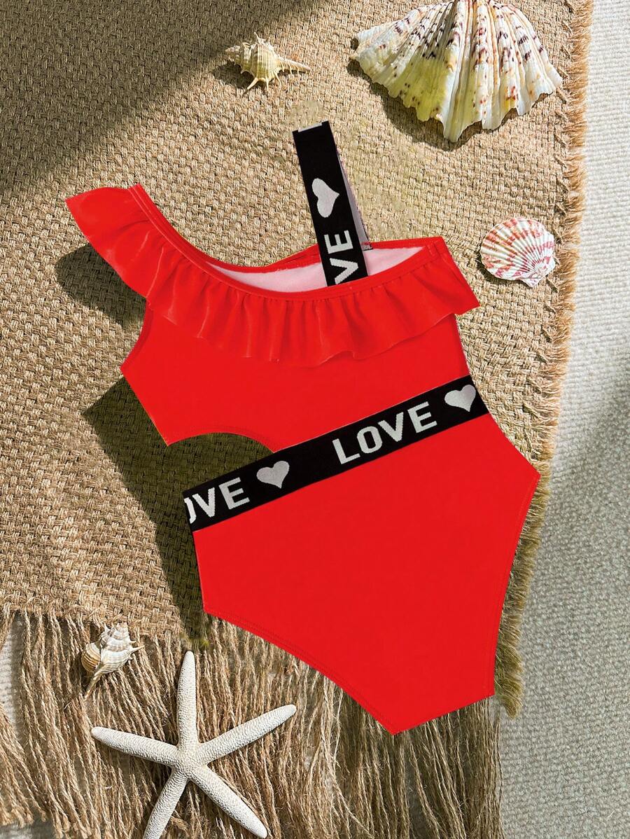 SHEIN Girls' Cute Bright One-Piece Swimsuit With Oblique Ruffle Straps, Letter Belt, Green - Red - View 1