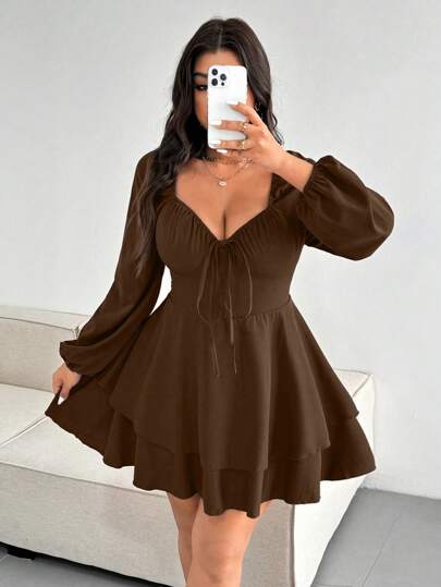 Celure Vestido de talla grande con cinturón, de doble capa y bajo elegante en un solo color