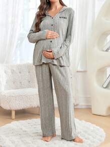 SHEIN Set pigiama da donna premaman con 2 pezzi, cardigan a costine monocromatico e pigiama con ricamo a lettere