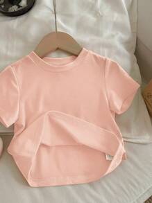 SHEIN Baby Girl Casual Short Sleeve Round Neck Top, Suitable For Summer - Baby Pink - View 2
