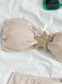 Soleia Women's Fashion Vacation Style Textured Fabric Metallic Seascape Animal Print Bandeau Bikini Set, Tube Top