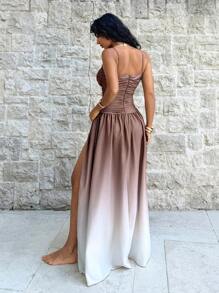 SHEIN Swim Women's Gradient Color Cut-Out Side Slit Sleeveless Cover-Up Dress, Vacation For Summer - Brown - View 2