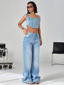EURMUSE HIGH RISE STRAIGHT JEAN FIT BACK BUTTON - Medium Wash - View 4