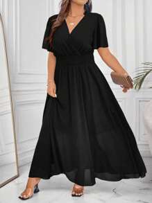 EMERY ROSE Plus Size Elegant Short Sleeve Dress With Wide Hemline, Ruffle Decor And Lace Edging. Loose Fit For Vacation Or Work, V-Neck Maxi Women Outfit - Black - View 8