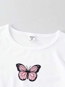 SHEIN ChillGRL 青少年女孩可爱蝴蝶领设计直筒牛仔裤和短袖 T 恤 2 件套