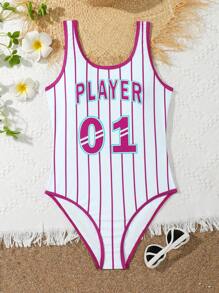 SHEIN Teen Girl Contrast Stripe Print One-Piece Swimsuit Young Girls Sets One Piece Swimsuits For Teens Swimsuits One Piece For Teens Swimsuits For Teens One Piece One Piece Swimsuit For Teen - Hot Pink - View 4