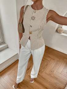 Siren Gaze Top de tirantes casual de verano para mujer con botones frontales a rayas