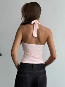 Aloruh Crop Top Wanita Seksi Tanpa Punggung dengan Leher Halter, Warna Polos, Musim Panas - Berwarna merah muda - View 3