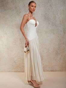 COSMINA Women's Solid Color Ruffle Hem Sexy Halter Dress,Summer Dresses For Women - Khaki - View 5