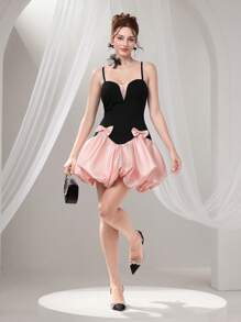 Poshira Vestido de cóctel elegante con bloque de color y decoración de moño para mujer, vestido de graduación, vestido de noche lujoso para mujer, vestido suave para graduación, vestido de fiesta, vestido de graduación