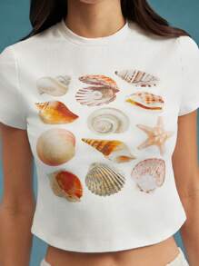 WESTFADE Summer Seashell Patterned Printed Crewneck Relaxed Shrunken Short Sleeve T-Shirt Spring Break Beach Vacation