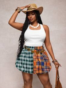 Slaydiva Spring & Summer New Casual Street Style & Daily Wear & Music Festival Plaid & Color Blocking Loose Plus Size Mini Skirt - A, Plus Size - Multicolor - View 1