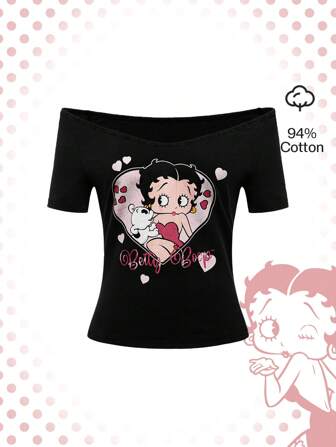 Betty Boop | ROMWE تي شيرت قصير الأكمام بفتحة على الكتف ضيق بطباعة شخصية كرتونية جميلة وقلب ، صيفي ، للمدرسة