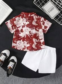 Baby Boy Floral Print Short Sleeve Shirt And Solid Color Shorts Set - Burgundy - View 2