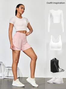 GLOWMODE Pantalones cortos para correr de talle alto con cintura ajustable con cordón, bolsillos múltiples, secado rápido ultraligero, VitalSwift de 4 pulgadas, con ropa interior integrada anti-olor para entrenamiento de ejercicios - Rosa - Ver 9
