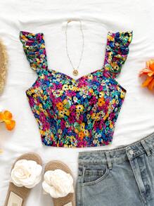 Soleia Top corto con estampado floral, tiras, espalda descubierta y ribete de volantes para mujer, perfecto para vacaciones y primavera