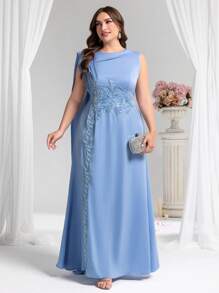 SHEIN Belle 加大码高端晚礼服，优雅奢华派对礼服，适合成熟女性，正式，适合婚礼宾客 - 藍色 - 查看 1