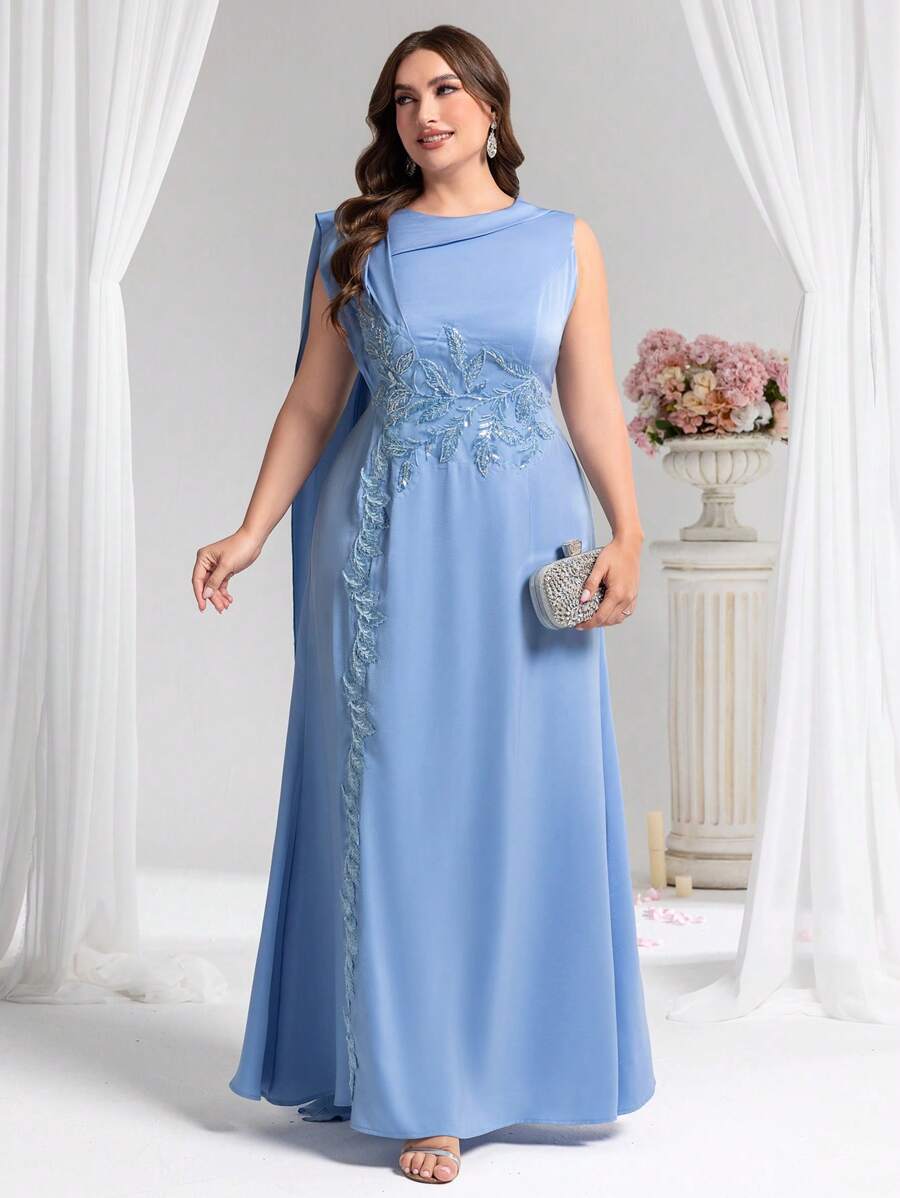 SHEIN Belle 加大码高端晚礼服，优雅奢华派对礼服，适合成熟女性，正式，适合婚礼宾客 - 藍色 - 查看 1