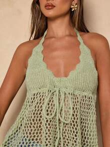 SHEIN BAE Women's Boho Knit Halter Crop Top: Green Sleeveless Semi-Sheer Scalloped Knitwear With Asymmetrical Hem - Green - View 5