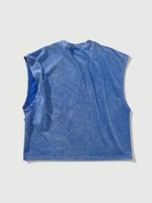 ROMWE MEN Street Life New Men's American Cartoon Graphic Printed Washed Sand Wash Short Top, Summer - Blue - View 4