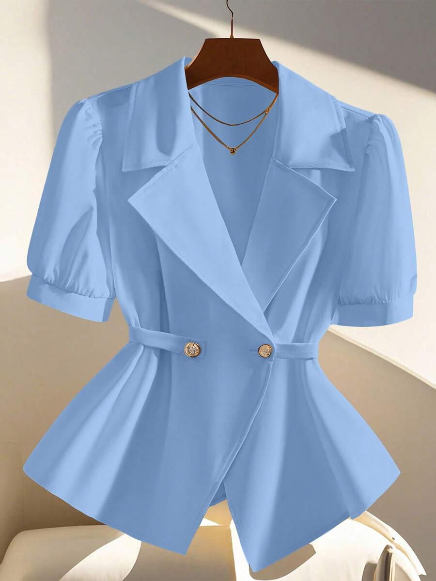 SHEIN Clasi Plus Size Women's Simple Elegant Solid Color Button Decor Bowknot Cuff Short Sleeve Light Blazer Graduation,Back To School,Teacher Outfits For Women