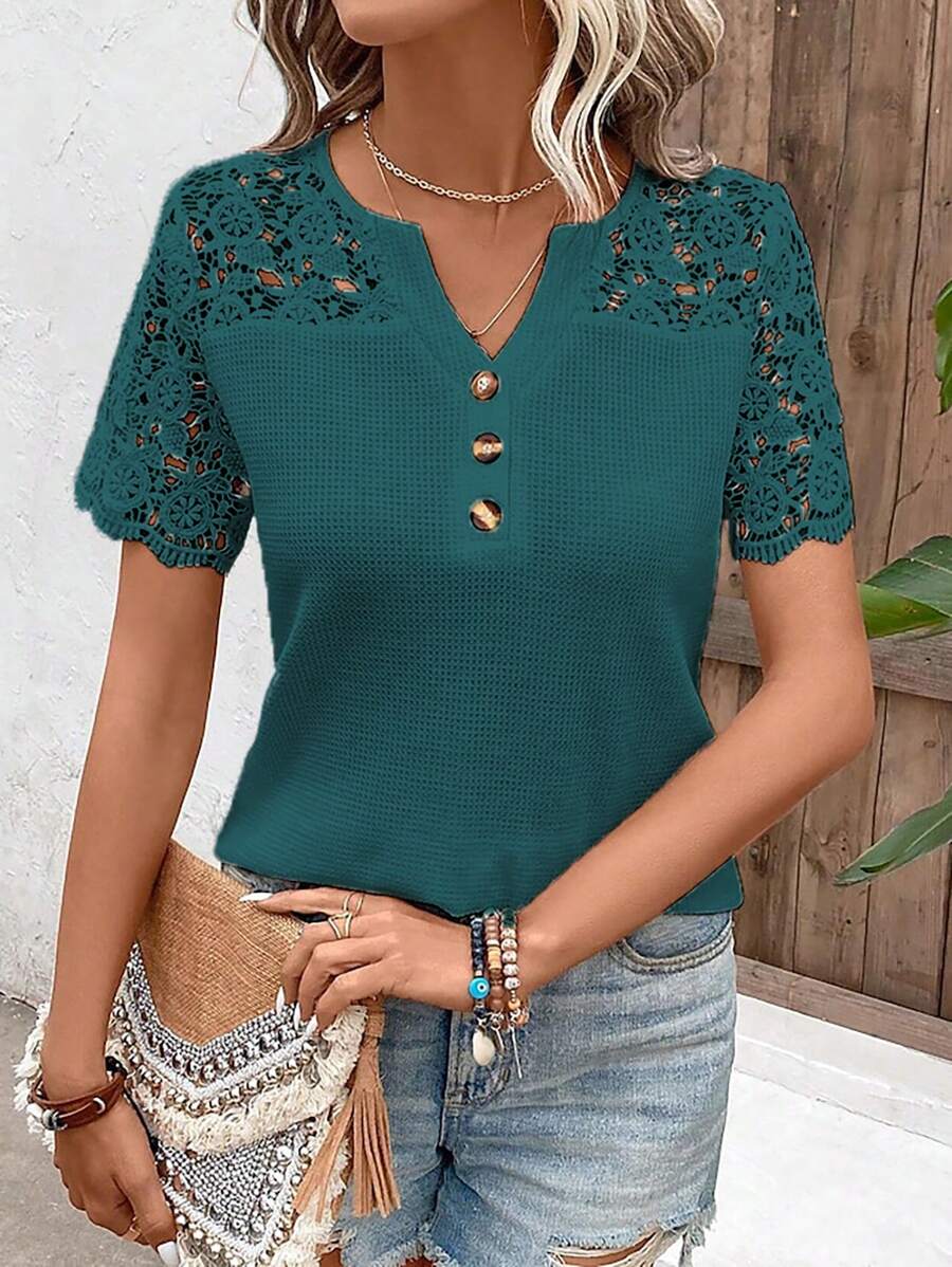 EMERY ROSE Camiseta minimalista de unicolor versátil para mujer - Agua verde azul - Ver 1