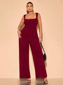 SHEIN BAE Women's Plus Size Black Sleeveless Wide Leg Jumpsuit With Open Button Design, For Spring/Summer Vacation