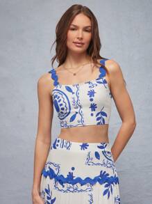 WESTFADE Parte superior corta ajustada de primavera casual y linda con estampado de parches de flores y peces tropicales, cuello cuadrado, tirantes ondulados con puntilla y espalda fruncida, para vacaciones de verano en la playa